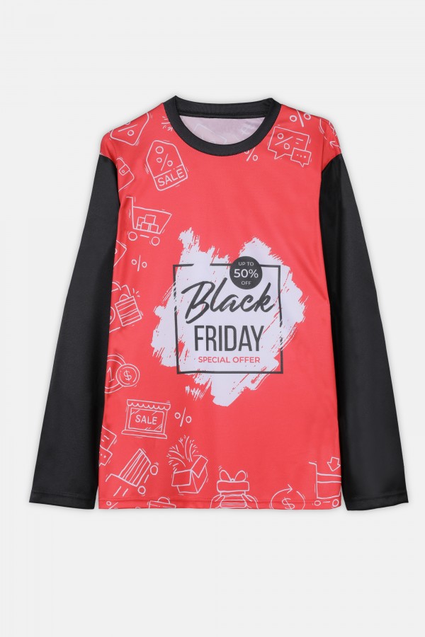 Full Black and Red Sleeve Relaxed Fit Round Neck Sublimation Print on Cool 100% Polyester T-shirt